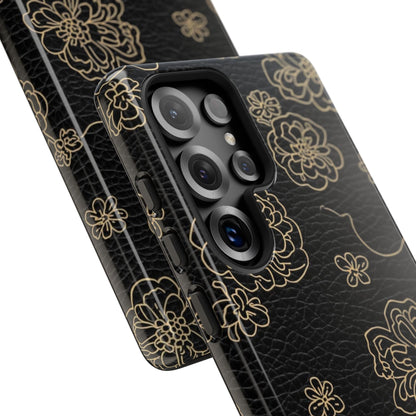 Floral Leather-Texture Tough Case – Black Gold Outline Phone Cover