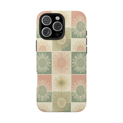 Sunflower Check iPhone Tough Phone Case — Retro Pastel Floral Protective Cover
