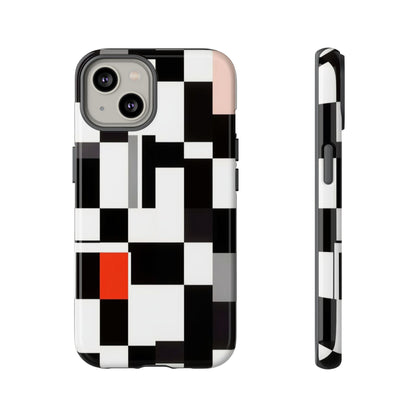 Abstract Geometric Phone Case – Black & White Checker Grid with Red Accent