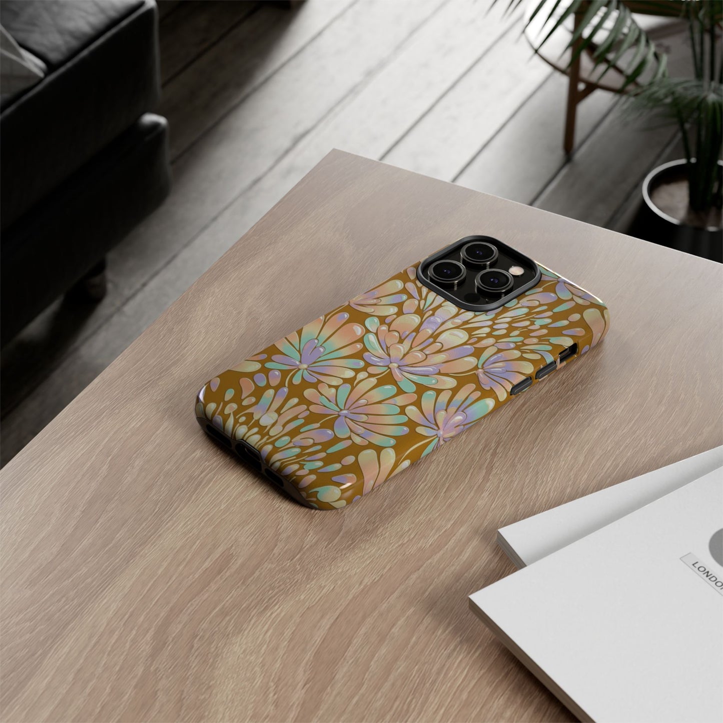 Floral Burst Tough Phone Case – Gold Pastel Botanical Protection