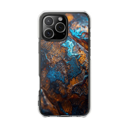 Magnetic Clear Phone Case — Blue & Copper Abstract Tortoise Impact Design