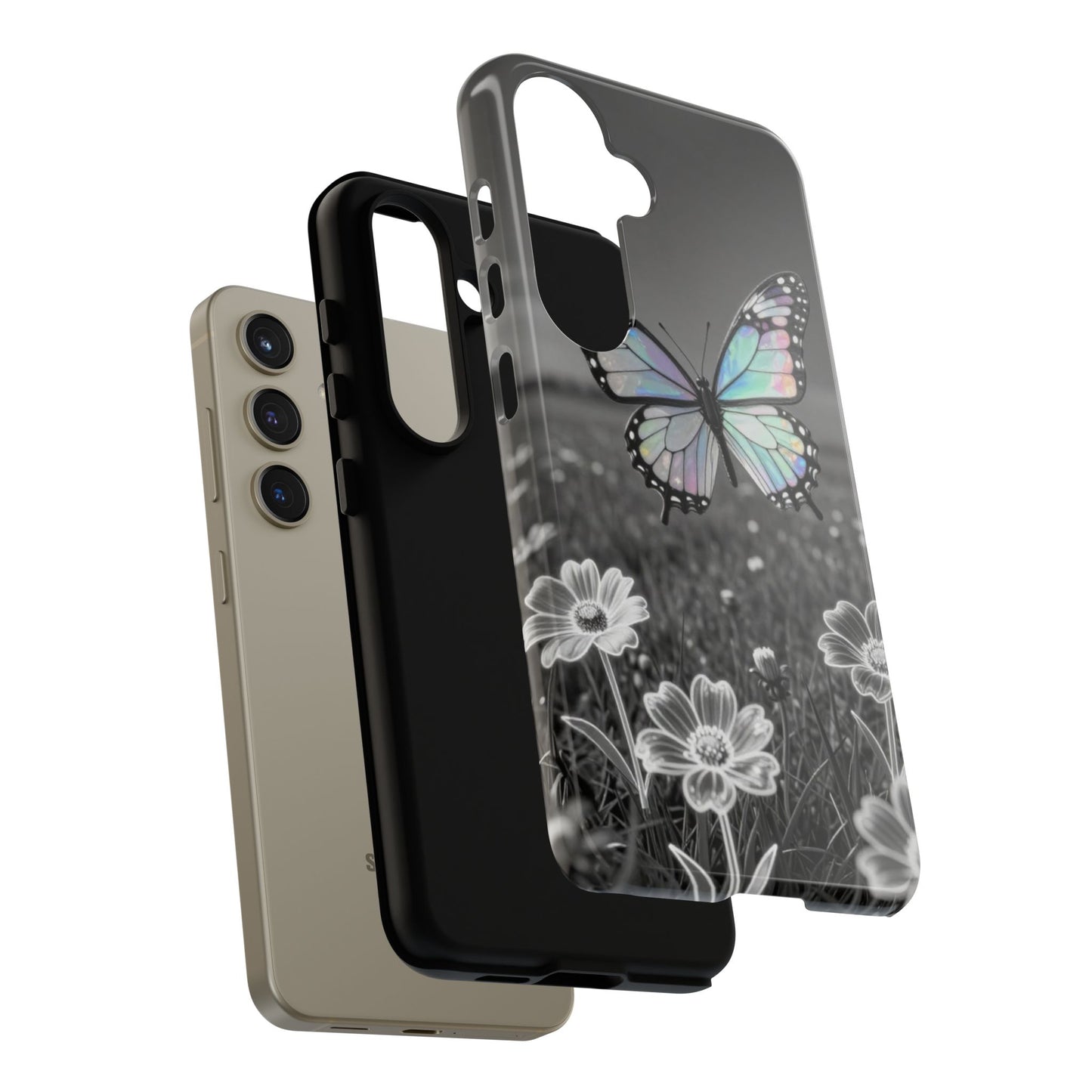 Butterfly Field Tough Phone Case — Pastel Holographic Butterfly on Black & White Floral Background