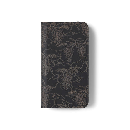 Botanical Noir Flip Phone Case — Dark Floral Wallet Cover with Card Slots