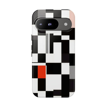 Abstract Geometric Phone Case – Black & White Checker Grid with Red Accent