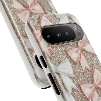 Glitter Bow Tough Phone Case — Pink & White Ribbon Protective Cover