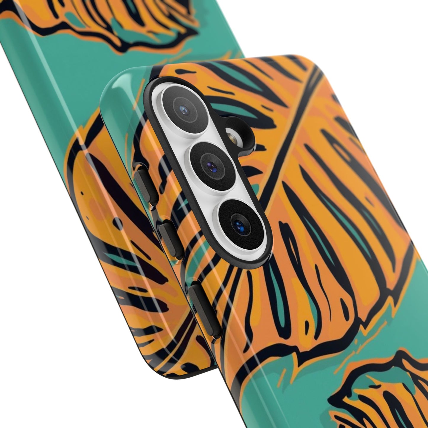 Tropical Leaf Tough Phone Case — Orange Monstera Design on Teal