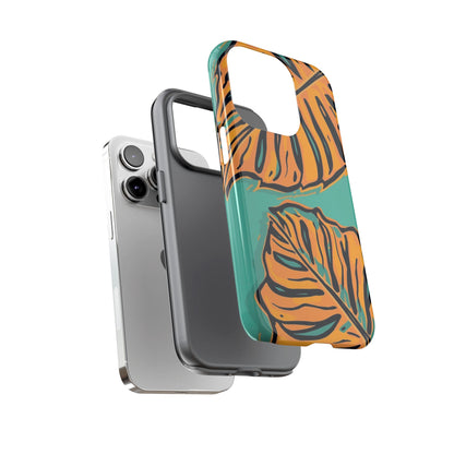 Tropical Leaf Tough Phone Case — Orange Monstera Design on Teal