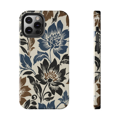 Floral Vintage Tough Phone Case — Blue & Brown Botanical Protection
