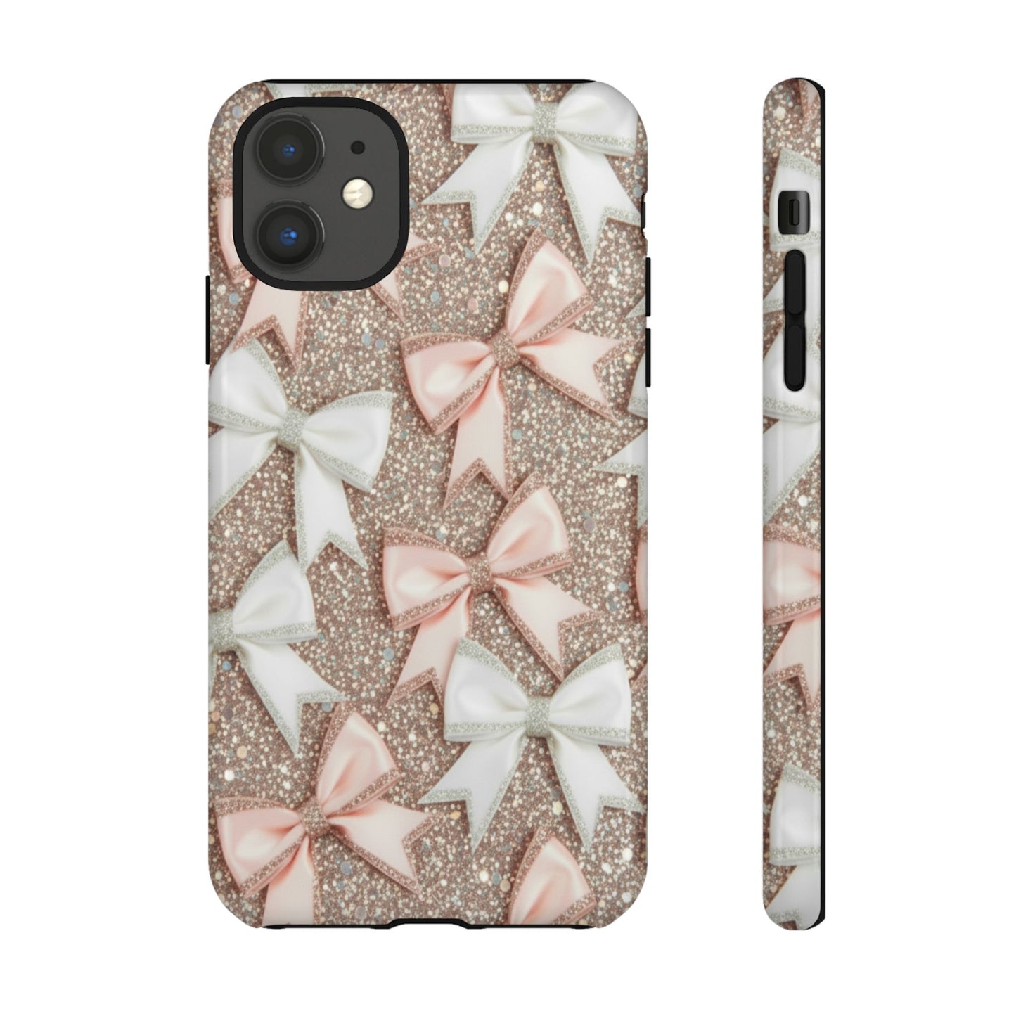 Glitter Bow Tough Phone Case — Pink & White Ribbon Protective Cover