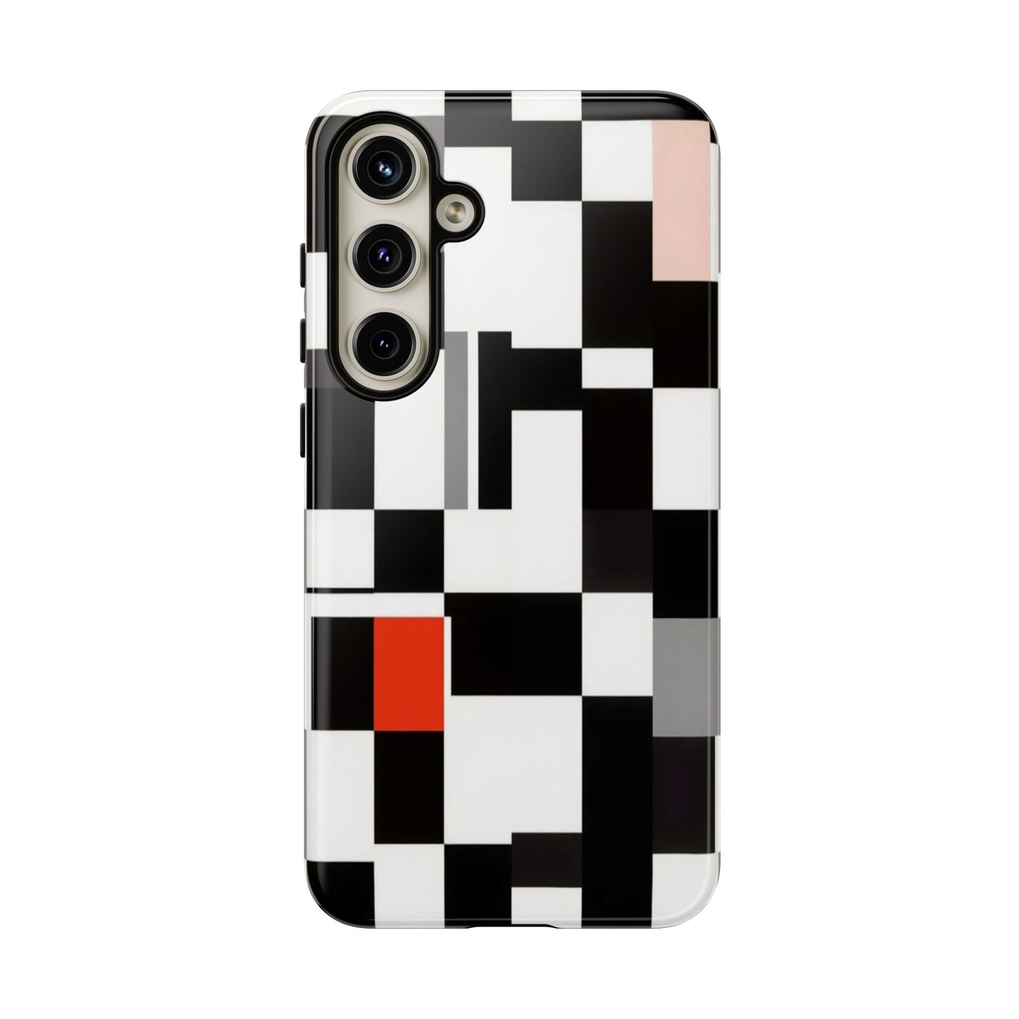 Abstract Geometric Phone Case – Black & White Checker Grid with Red Accent