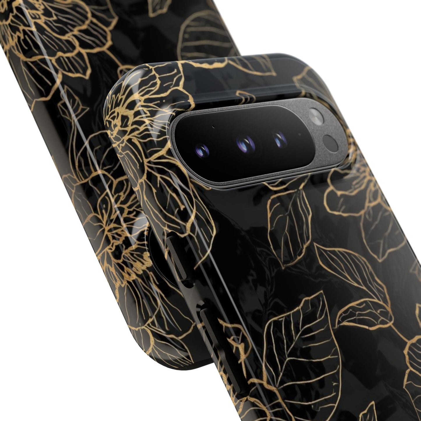 Floral Gold Outline Tough Phone Case – Black Botanical Protective Cover