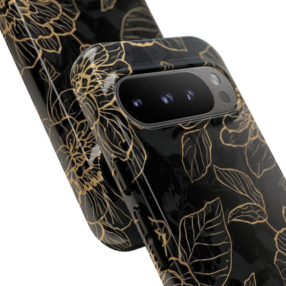 Floral Gold Outline Tough Phone Case – Black Botanical Protective Cover