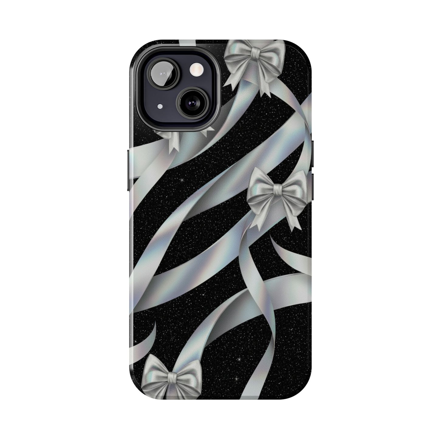 Silver Ribbon Bow Tough Phone Case — Glitter Black Protective Phone Case