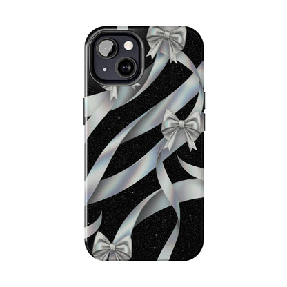 Silver Ribbon Bow Tough Phone Case — Glitter Black Protective Phone Case