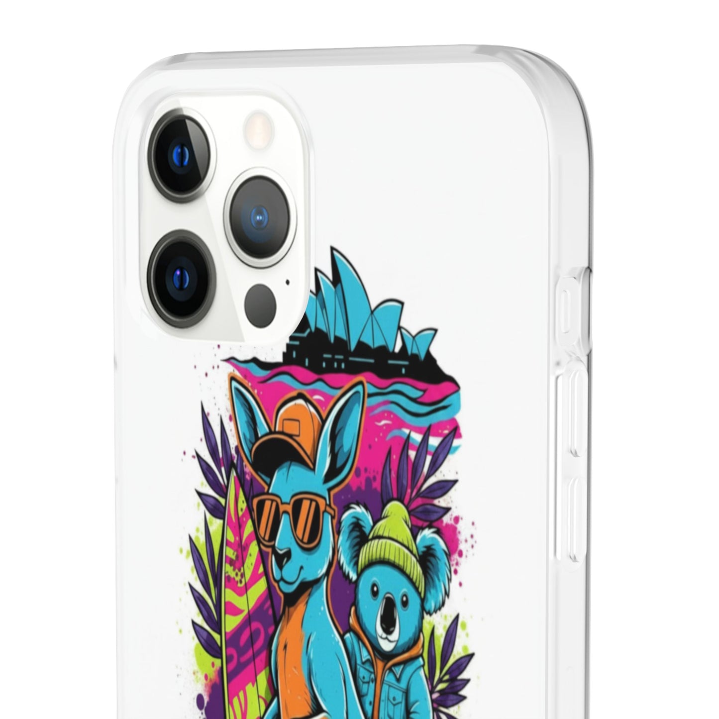 Kangaroo & Koala Surf Phone Case — Neon Aussie Beach Vibes Flexible Case