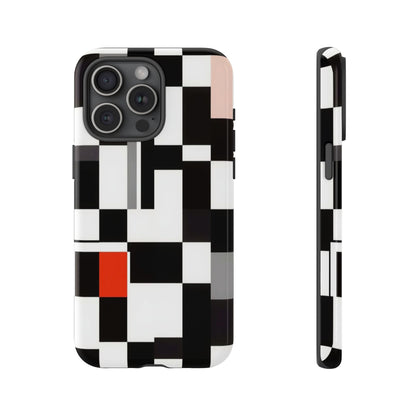 Abstract Geometric Phone Case – Black & White Checker Grid with Red Accent
