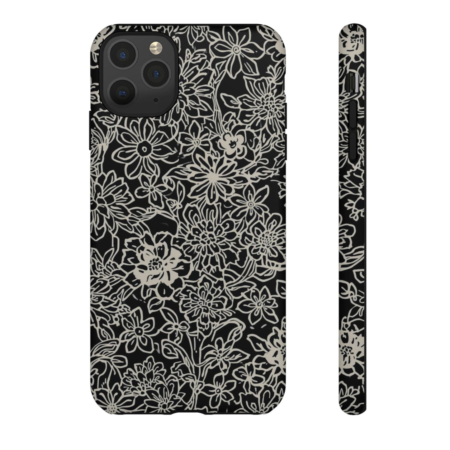 Floral Doodle Tough Phone Case — Black & White Sketch Flower Protective Cover