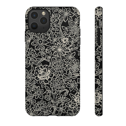 Floral Doodle Tough Phone Case — Black & White Sketch Flower Protective Cover