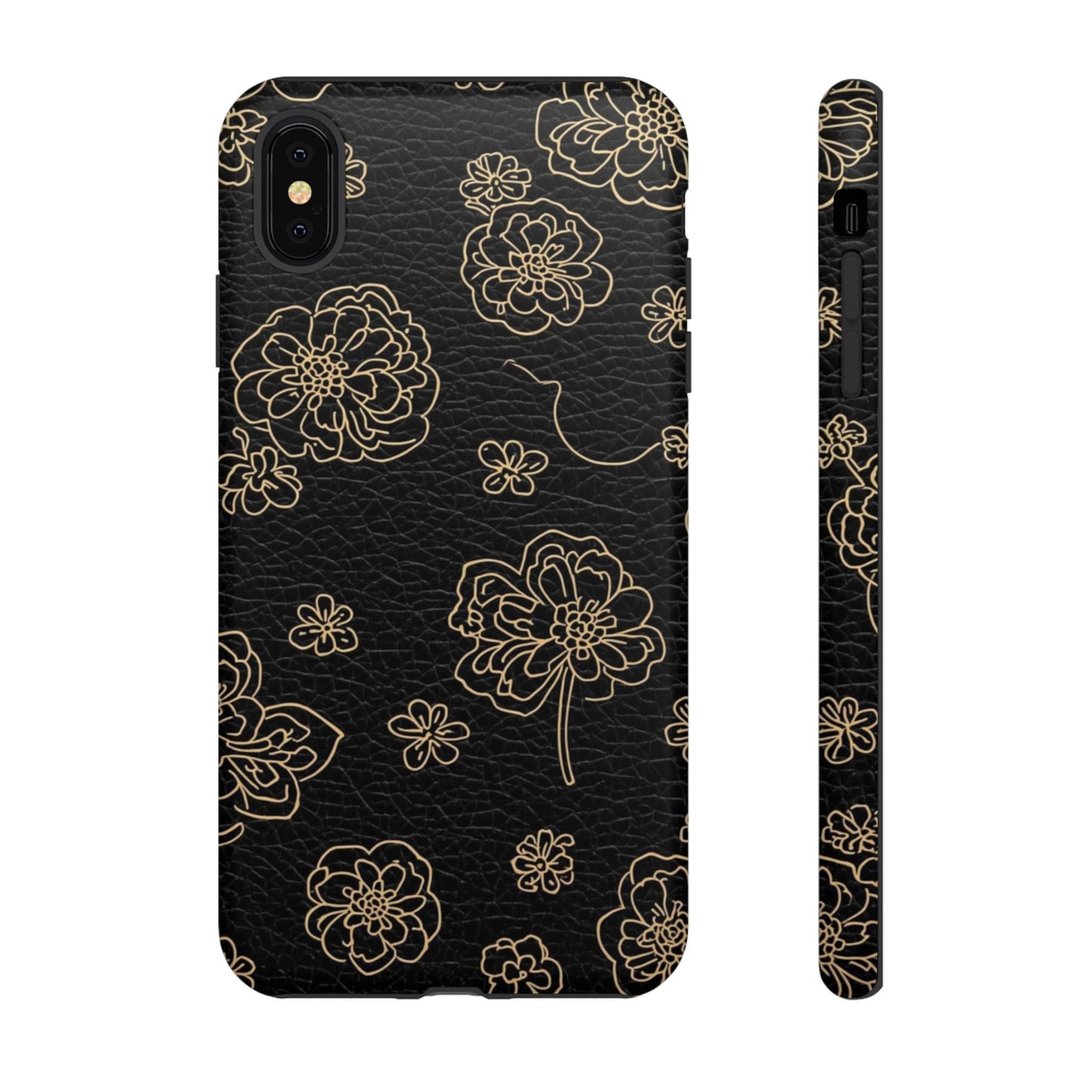 Floral Leather-Texture Tough Case – Black Gold Outline Phone Cover