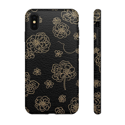 Floral Leather-Texture Tough Case – Black Gold Outline Phone Cover