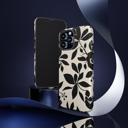 Black Floral Pattern Phone Case — Monochrome Botanical Tough Case