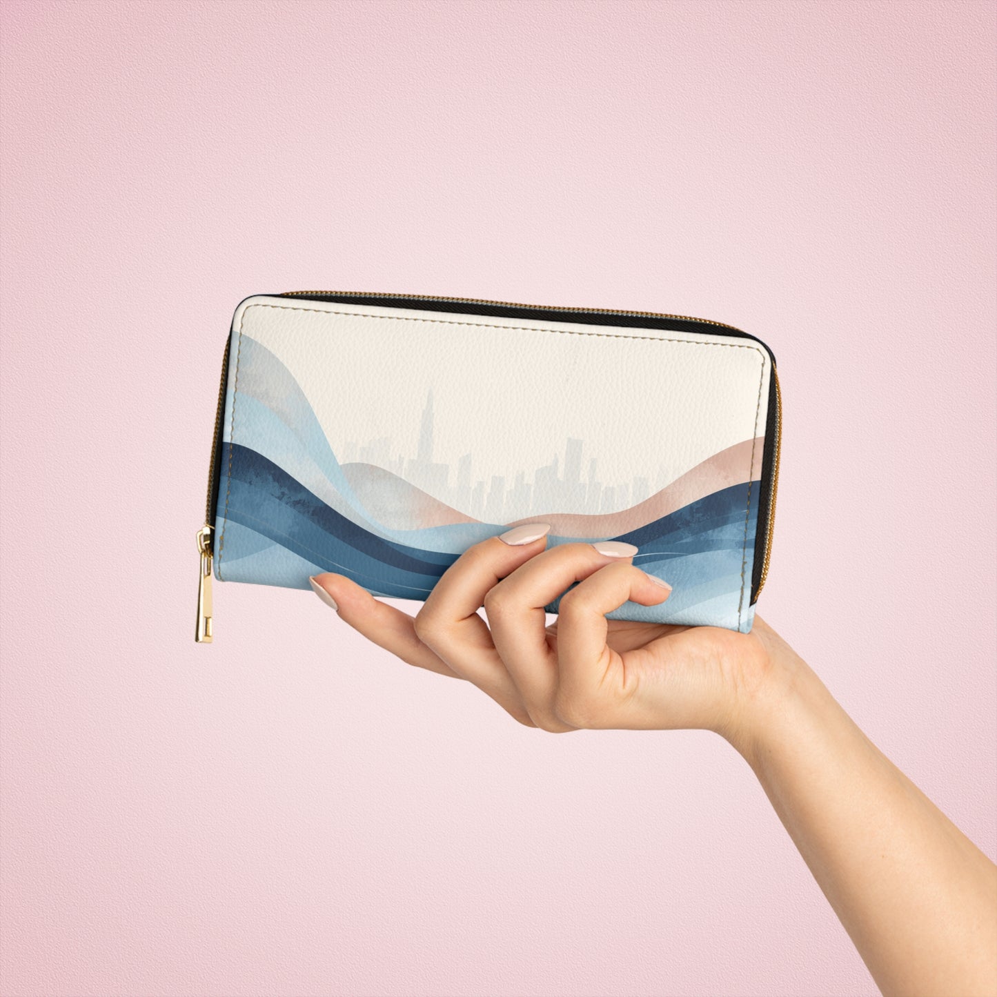 City Skyline Wave Zipper Wallet — Coastal Blue Abstract Travel Wallet