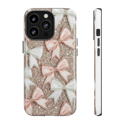 Glitter Bow Tough Phone Case — Pink & White Ribbon Protective Cover
