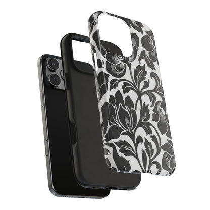 Tough Phone Case — Black & White Vintage Floral Protective Cover