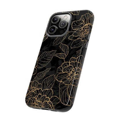 Floral Gold Outline Tough Phone Case – Black Botanical Protective Cover
