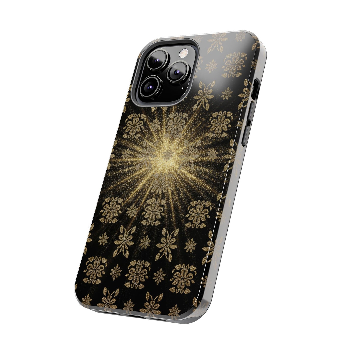 Glitter Burst Tough Phone Case — Black & Gold Floral Protective Cover