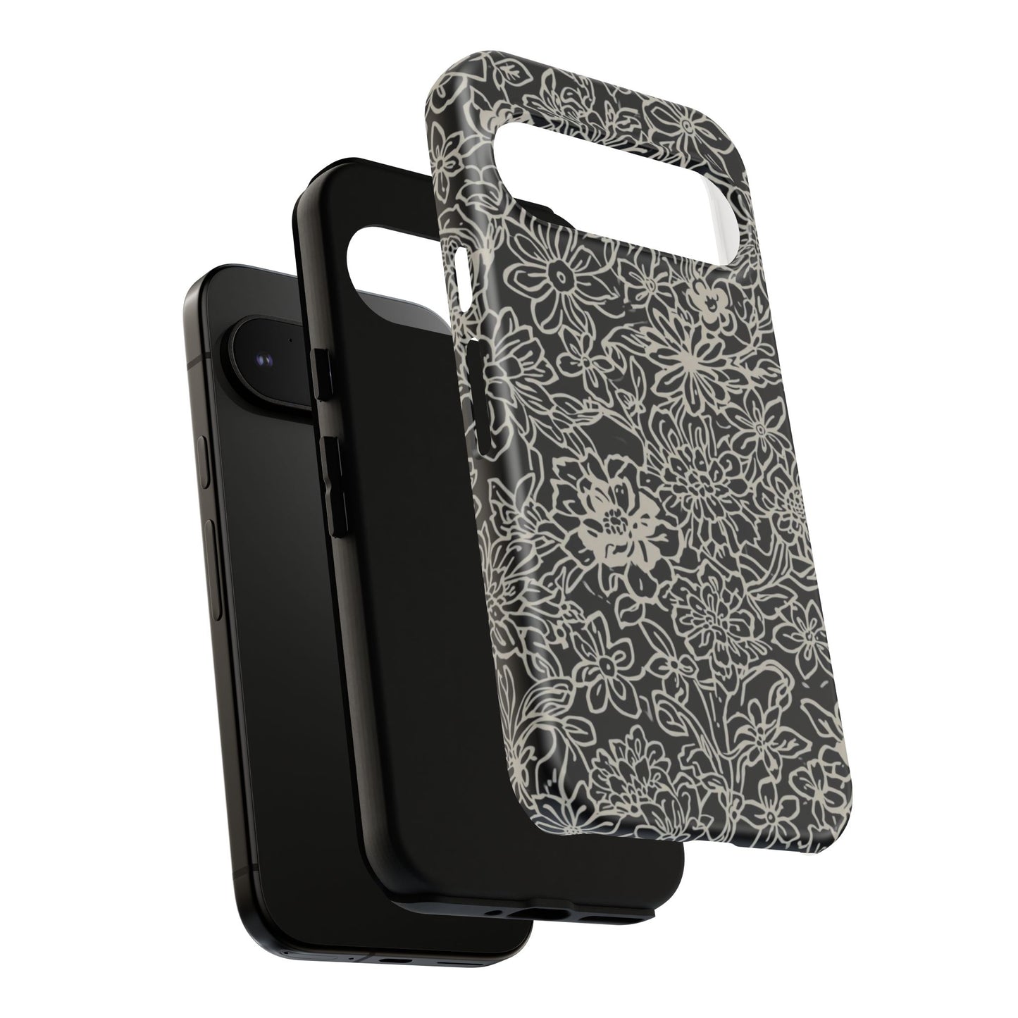 Floral Doodle Tough Phone Case — Black & White Sketch Flower Protective Cover