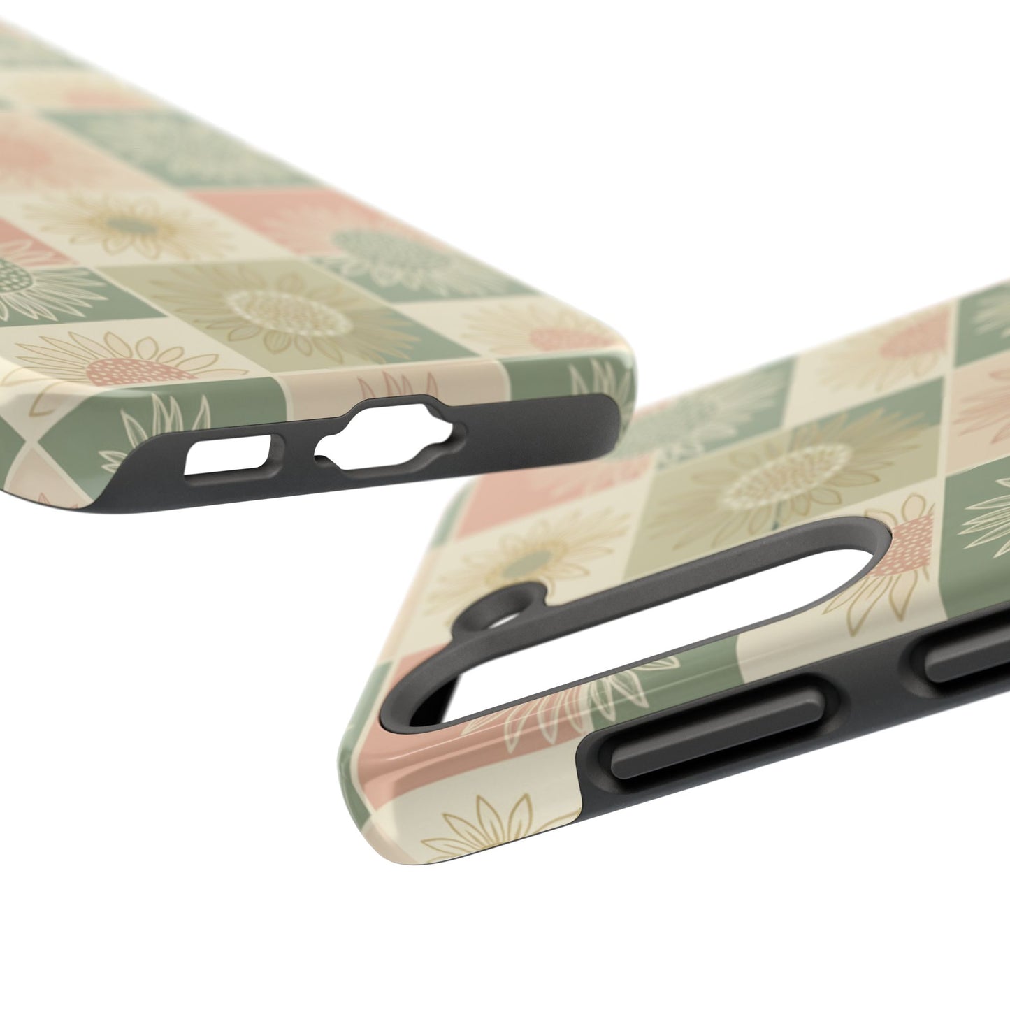 Sunflower Check iPhone Tough Phone Case — Retro Pastel Floral Protective Cover