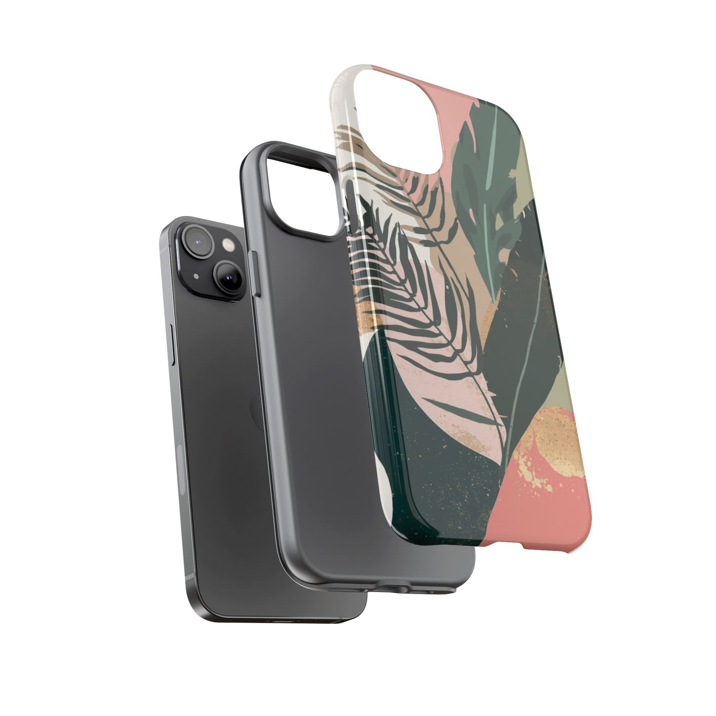 Tropical Leaf Tough Phone Case — Abstract Pink & Green Botanical Protective Cover
