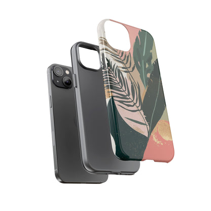 Tropical Leaf Tough Phone Case — Abstract Pink & Green Botanical Protective Cover