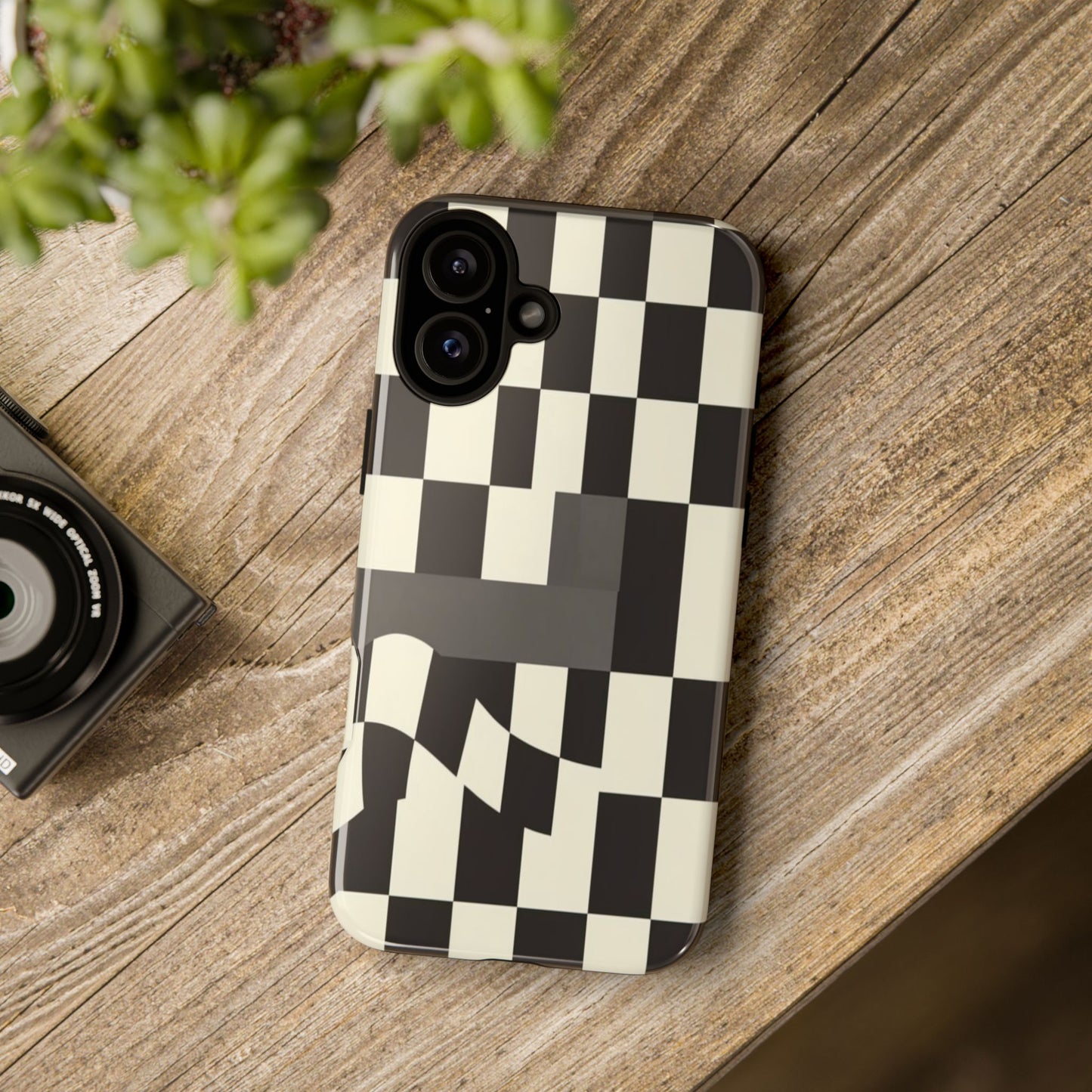 Checkerboard Wave Phone Case — Black & Cream Graphic Tough Case