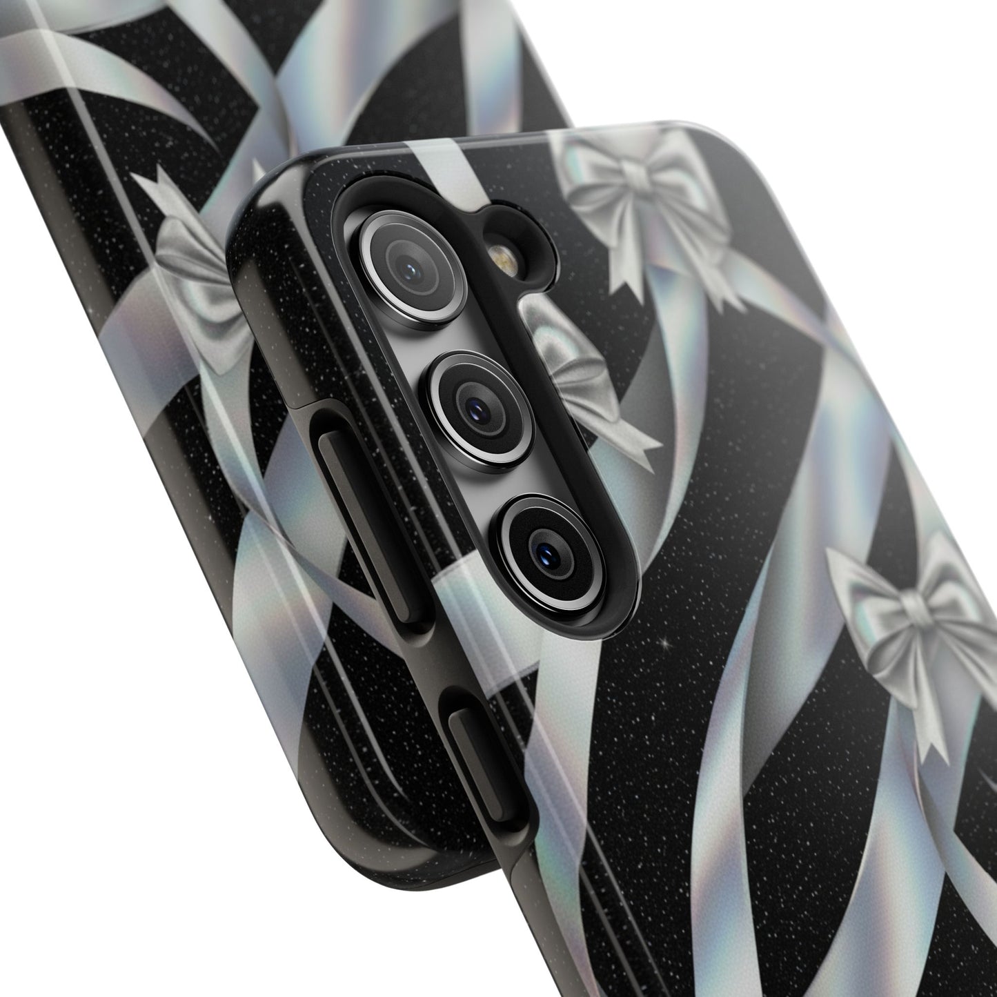 Silver Ribbon Bow Tough Phone Case — Glitter Black Protective Phone Case