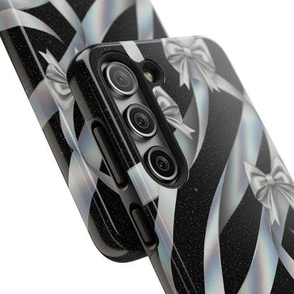 Silver Ribbon Bow Tough Phone Case — Glitter Black Protective Phone Case