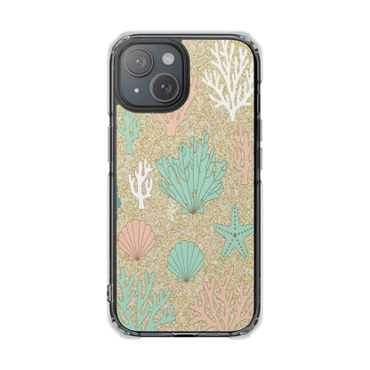 Clear Magnetic Phone Case — Pastel Seashell & Coral Beach Design
