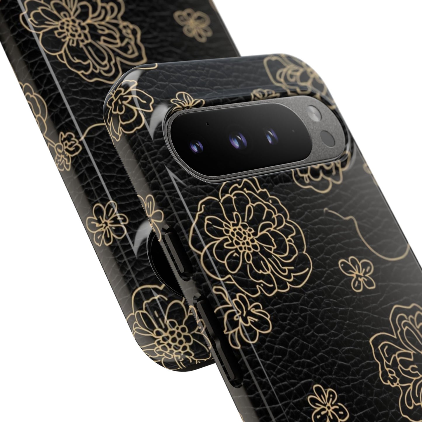 Floral Leather-Texture Tough Case – Black Gold Outline Phone Cover