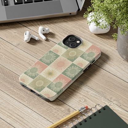 Sunflower Check iPhone Tough Phone Case — Retro Pastel Floral Protective Cover