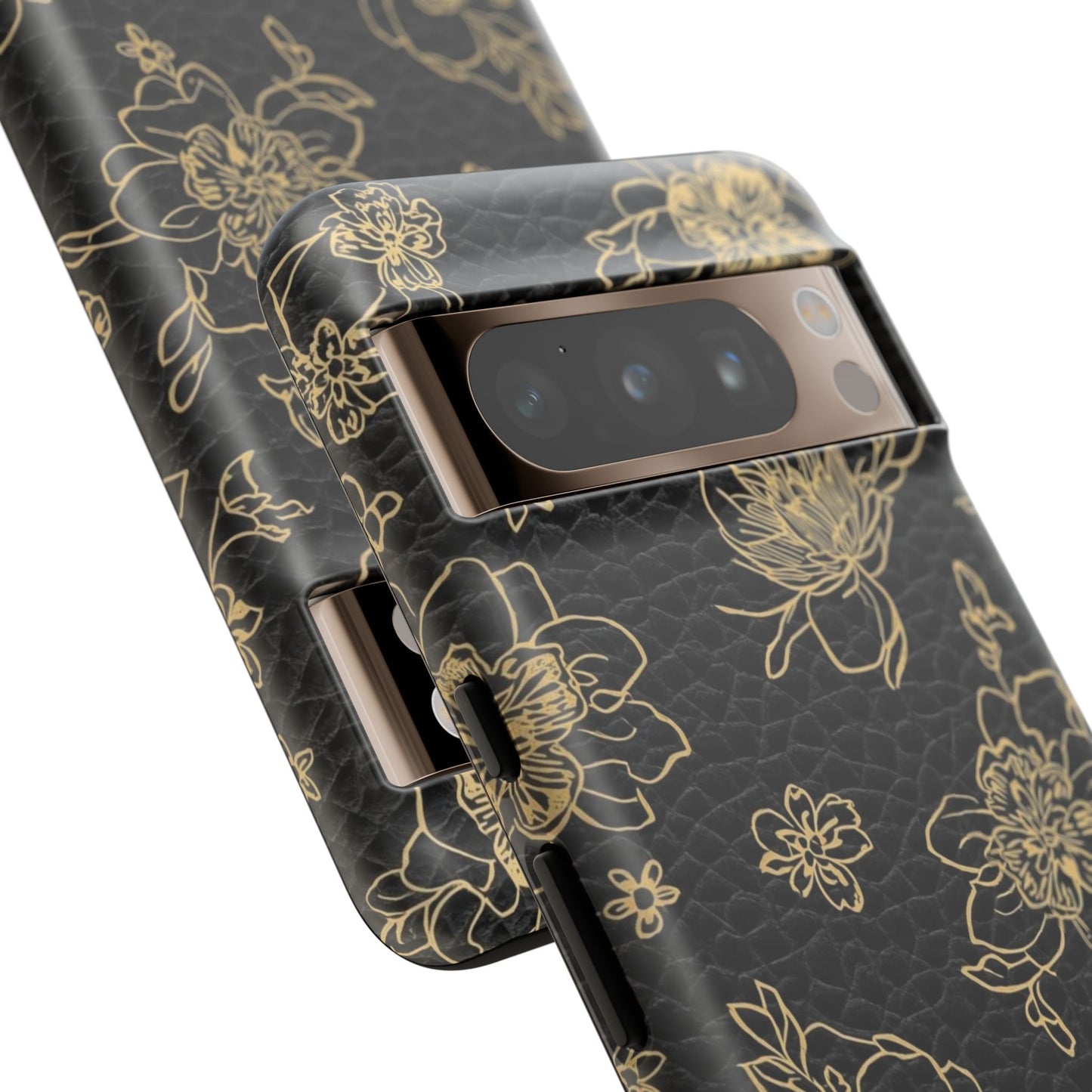 Floral Leather Phone Case — Gold Outline Flowers on Black Tough Case