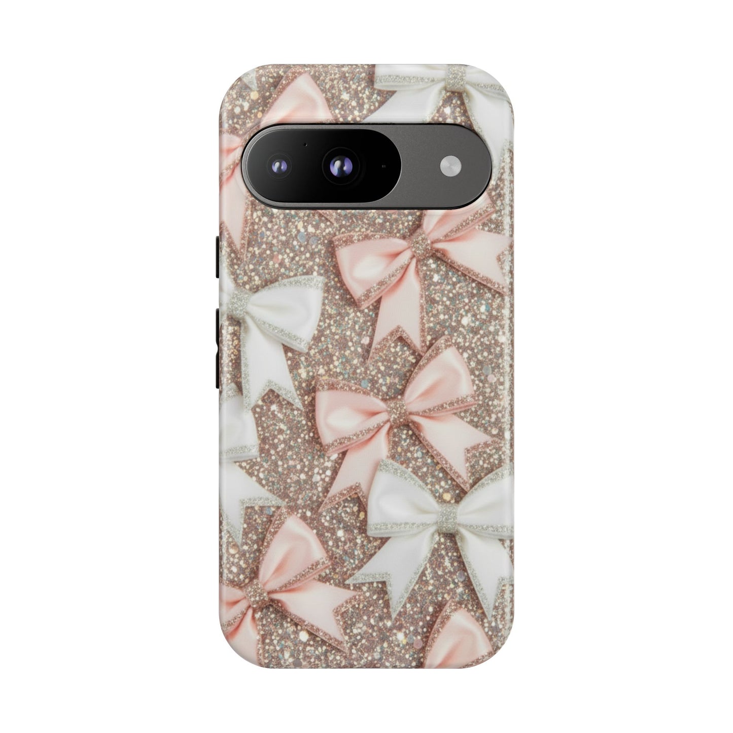 Glitter Bow Tough Phone Case — Pink & White Ribbon Protective Cover