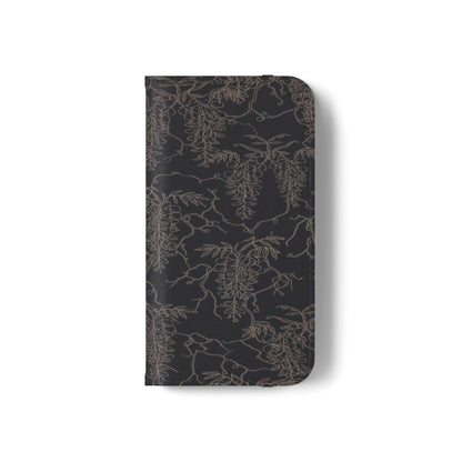 Botanical Noir Flip Phone Case — Dark Floral Wallet Cover with Card Slots