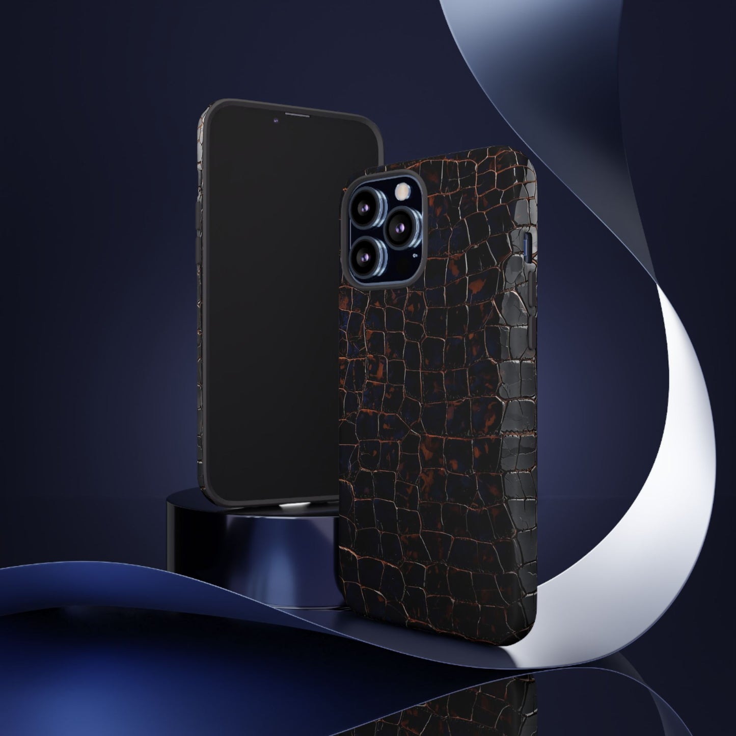 Croc-Embossed Tough Phone Case — Shockproof Black Alligator Texture
