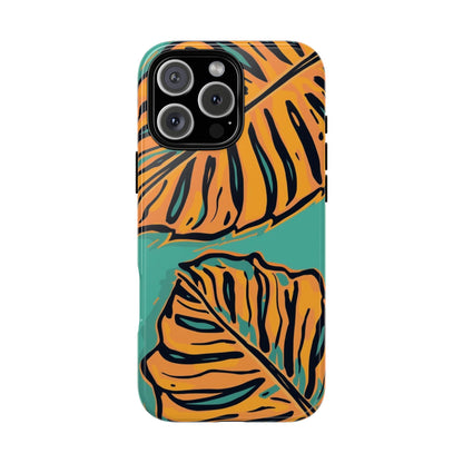 Tropical Leaf Tough Phone Case — Orange Monstera Design on Teal