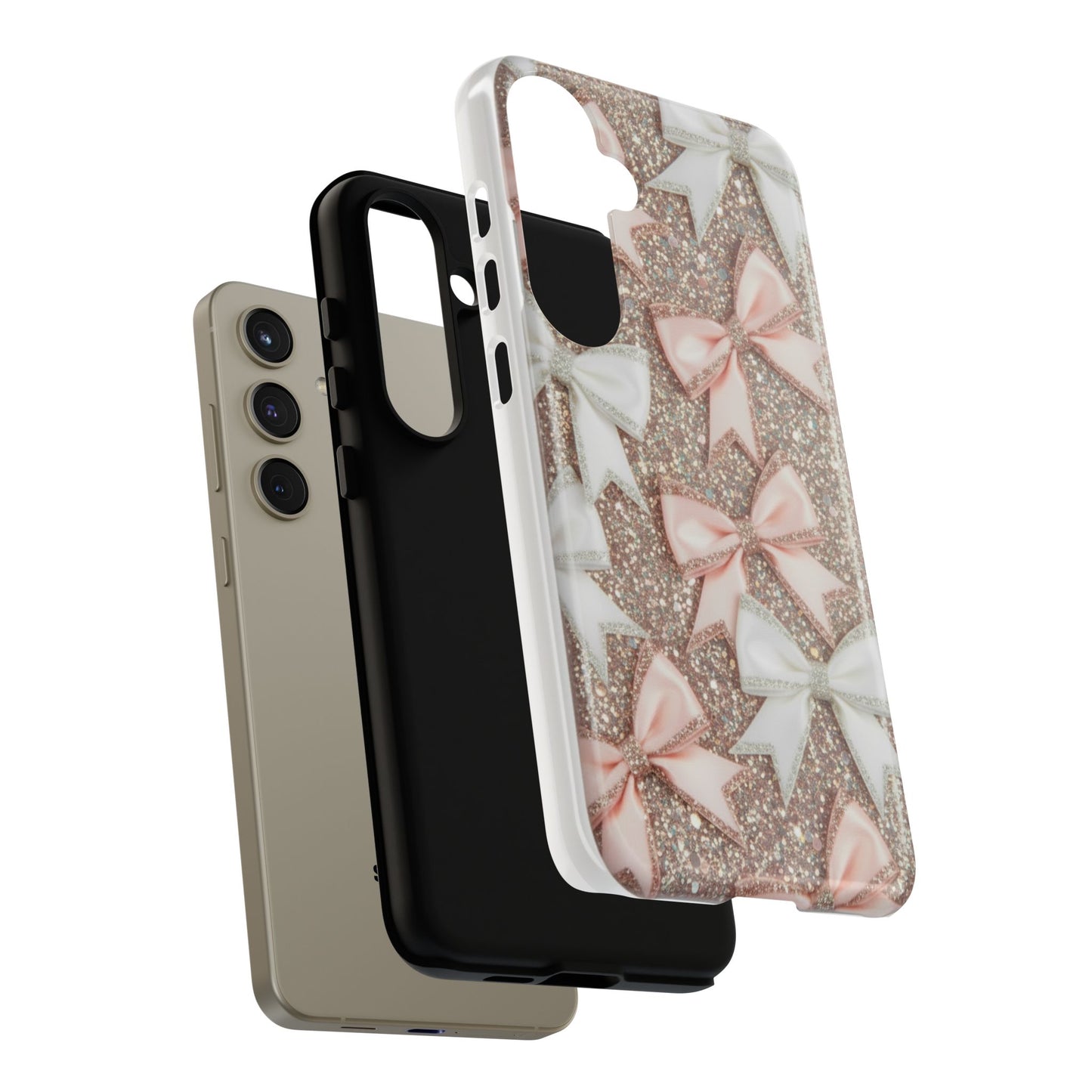 Glitter Bow Tough Phone Case — Pink & White Ribbon Protective Cover