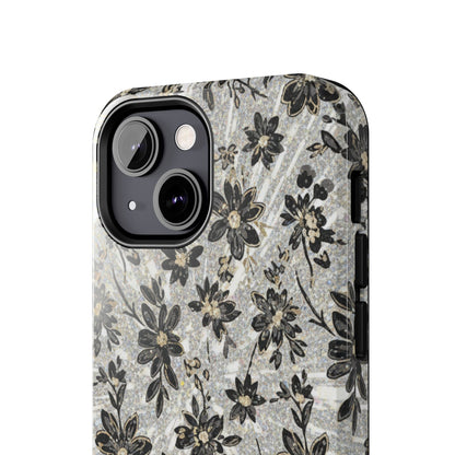 Floral Vintage Tough Phone Case — Black & Gray Rustic Flower Protective Case