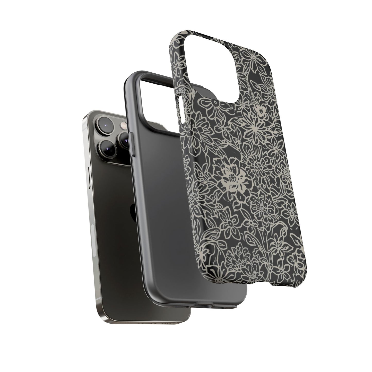 Floral Doodle Tough Phone Case — Black & White Sketch Flower Protective Cover