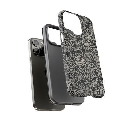 Floral Doodle Tough Phone Case — Black & White Sketch Flower Protective Cover