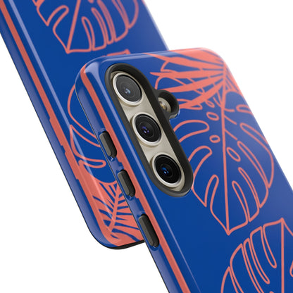 Tropical Monstera Phone Case — Blue & Coral Leaf Protective Cover